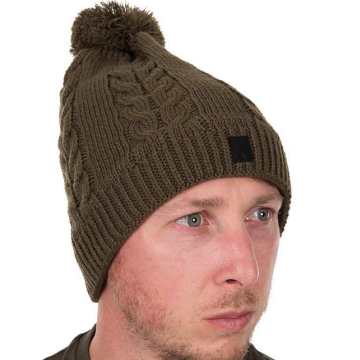 Fox Cable Knit Bobble Hat Khaki